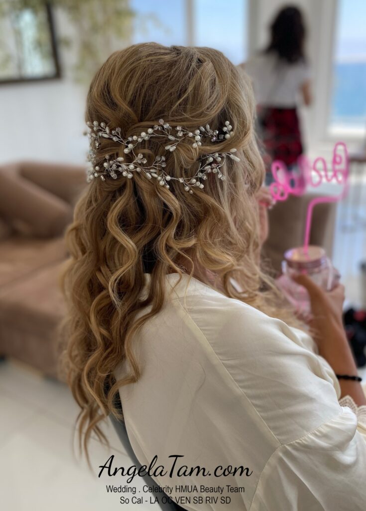 Bride Taylor – Blushing Bridal Makeup – Soft Curls Romantic Half Up Wedding  Hair Style by Angela Tam | Malibu Seaview Estate Wedding – Angela Tam |  Makeup and Hair Team