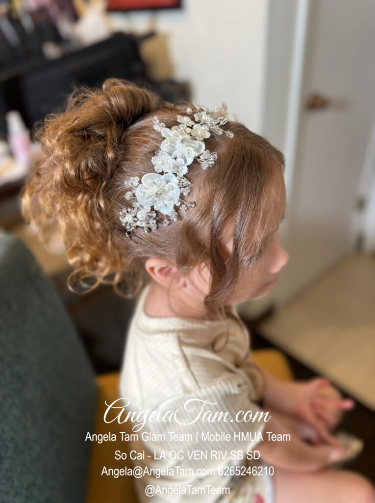 Flower Girl Natural Curls Updo Hair Style by Angela Tam Glam Team | Beloved Glamorous LLC. Mobile HMUA Team. Makeup Artists and Hair Stylists for Weddings and Events in Los Angeles County, Orange County, Ventura County, Riverside County. AngelaTam.com Angela@AngelaTam.com 6265246210