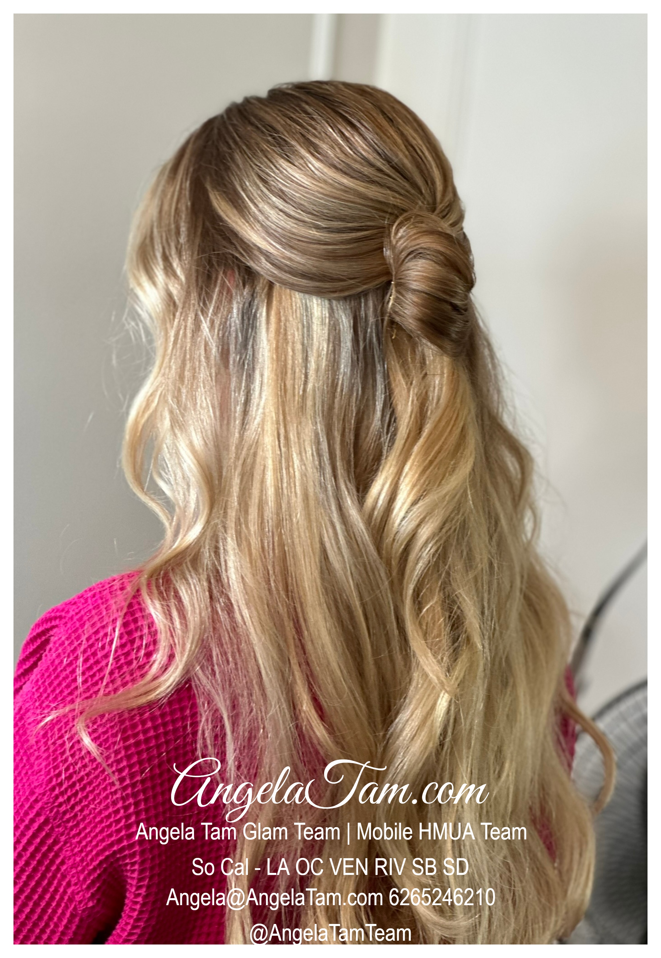 Glendale Wedding Half Up Knotted Hair Style by Angela Tam Glam Team | Beloved Glamorous LLC. Mobile HMUA Team. Makeup Artists and Hair Stylists for Weddings and Events in Los Angeles County, Orange County, Ventura County, Riverside County. AngelaTam.com Angela@AngelaTam.com 6265246210