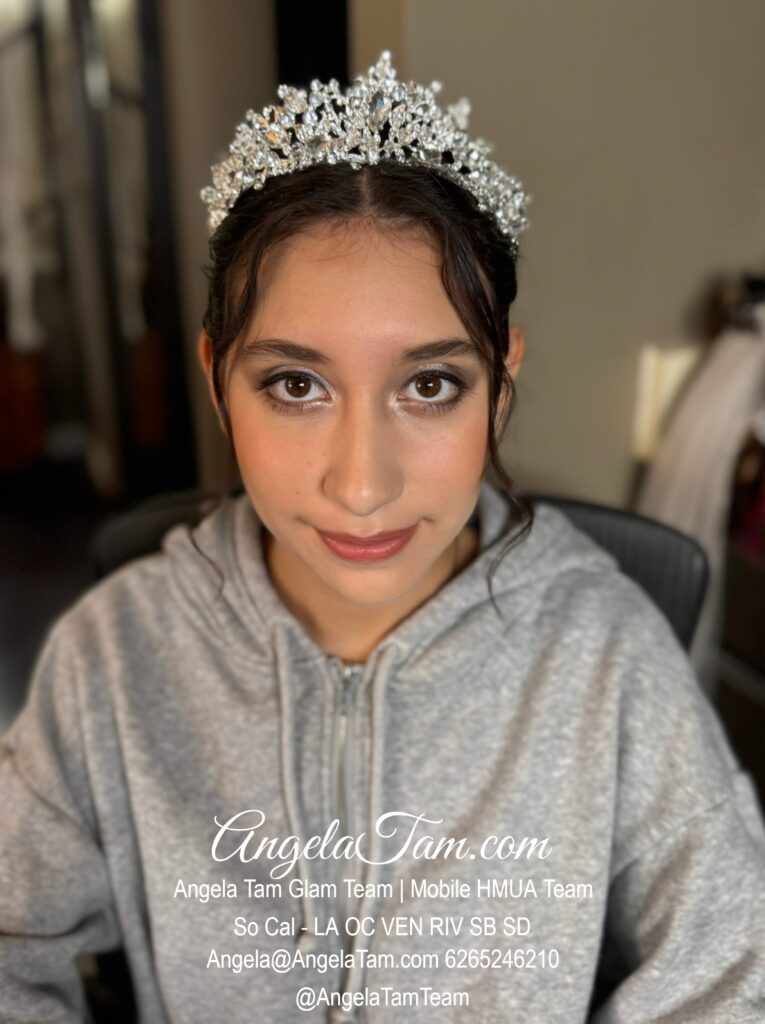 Quinceanera Girl Shimmer Glam Makeup Look and Updo Hair Style by Angela Tam Glam Team | Beloved Glamorous LLC. Mobile HMUA Team. Makeup Artists and Hair Stylists for Weddings and Events in Los Angeles County, Orange County, Ventura County, Riverside County. AngelaTam.com Angela@AngelaTam.com 6265246210