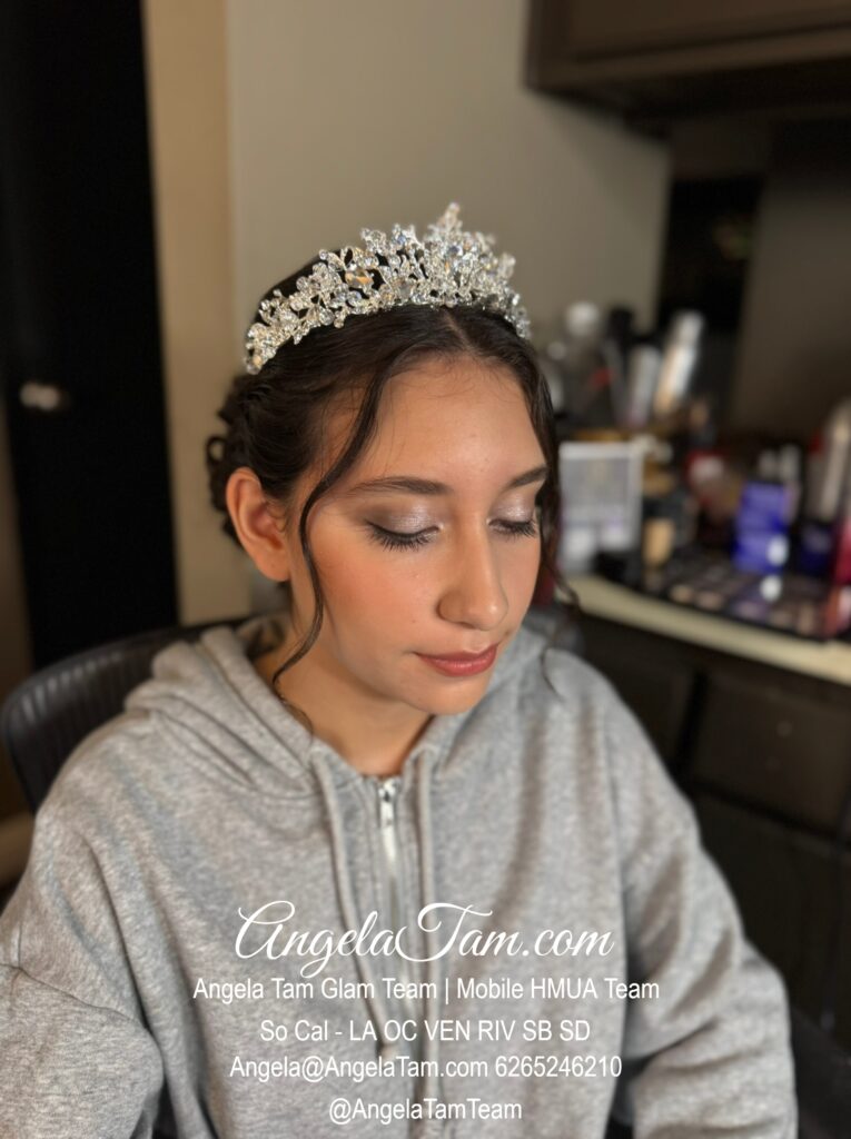 Quinceanera Girl Shimmer Glam Makeup Look and Updo Hair Style by Angela Tam Glam Team | Beloved Glamorous LLC. Mobile HMUA Team. Makeup Artists and Hair Stylists for Weddings and Events in Los Angeles County, Orange County, Ventura County, Riverside County. AngelaTam.com Angela@AngelaTam.com 6265246210