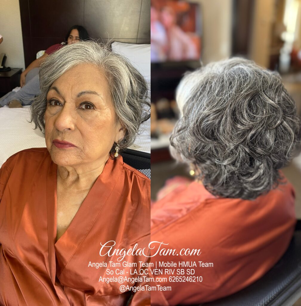 Wedding MOB Mature Woman Short Down Hair Style Look by Angela Tam Glam Team | Beloved Glamorous LLC. Hotel Burbank HMUA Team. Makeup Artists and Hair Stylists for Weddings and Events in Los Angeles County, Orange County, Ventura County, Riverside County. AngelaTam.com Angela@AngelaTam.com 6265246210