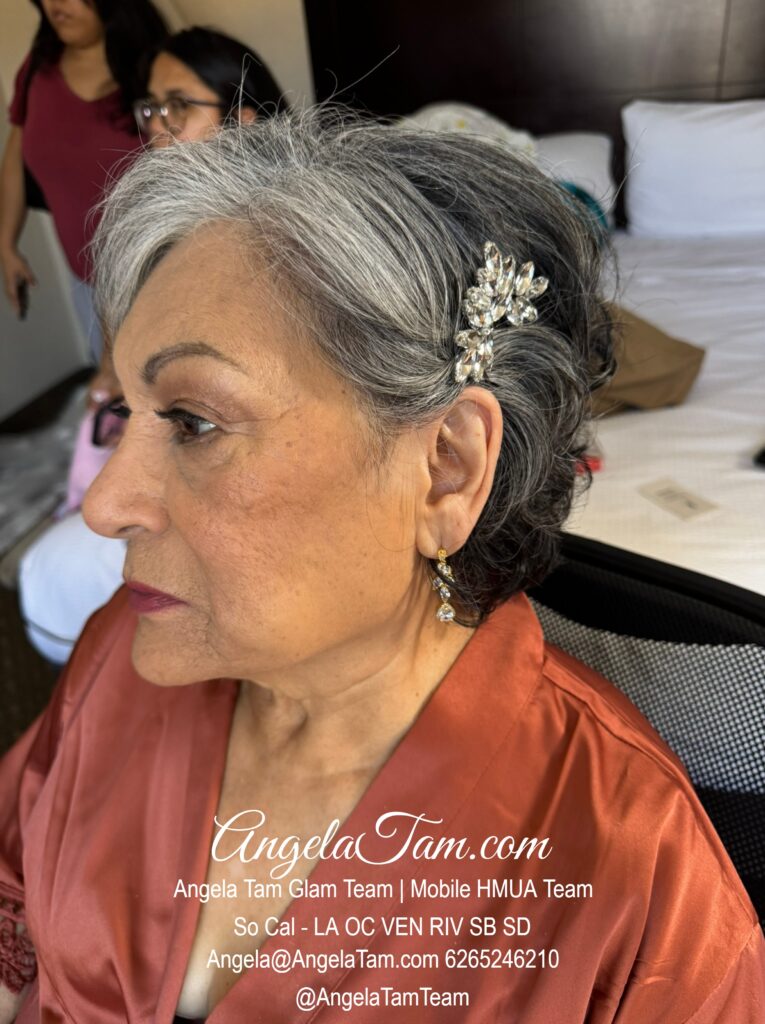 Wedding MOB Mature Woman Short Down Hair Style Look by Angela Tam Glam Team | Beloved Glamorous LLC. Hotel Burbank HMUA Team. Makeup Artists and Hair Stylists for Weddings and Events in Los Angeles County, Orange County, Ventura County, Riverside County. AngelaTam.com Angela@AngelaTam.com 6265246210